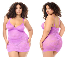 Mapale 7613X lavender lace bodysuit with thin straps and floral pattern in wild orchid color with matching panty