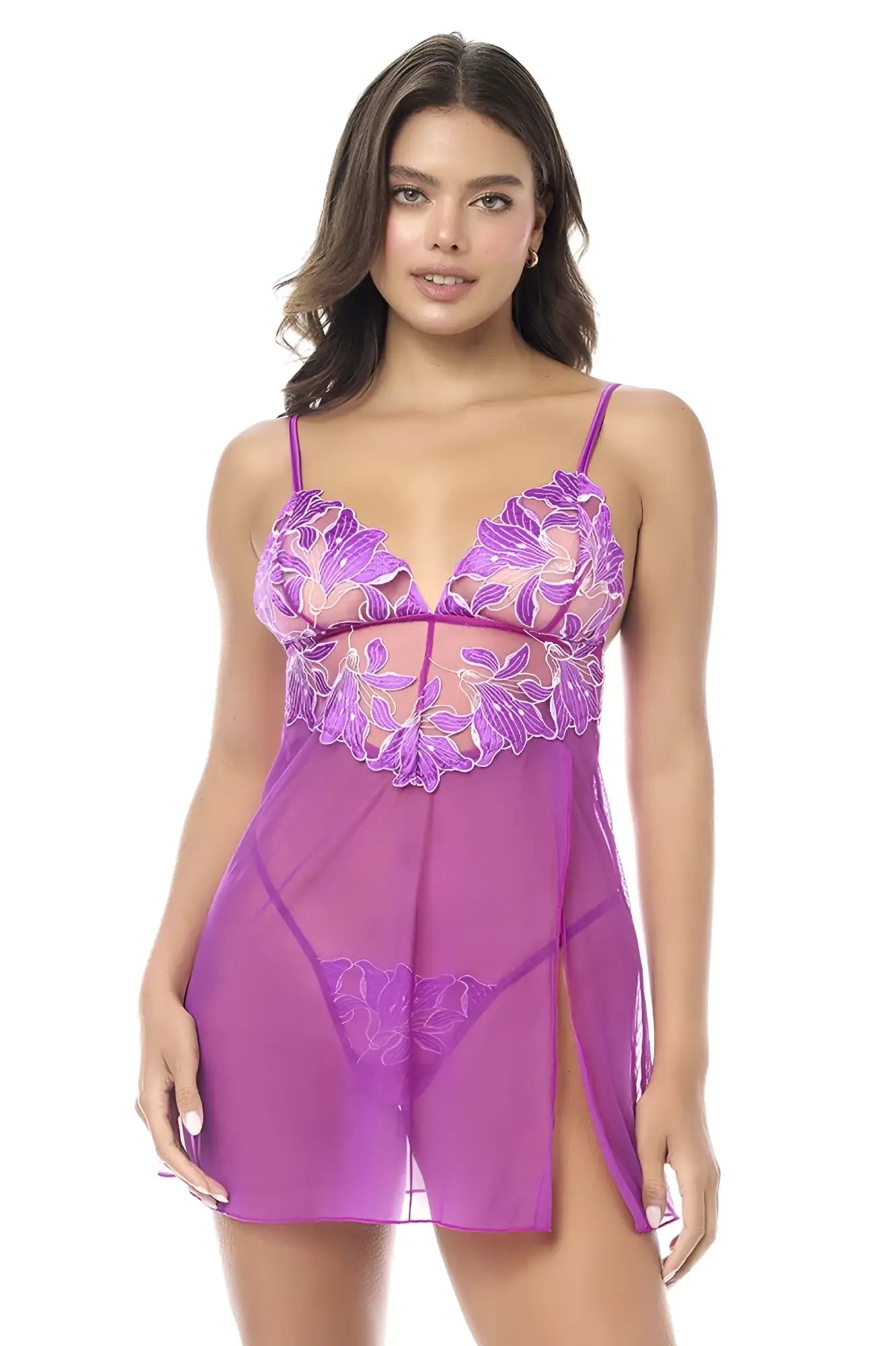 Purple floral lace chemise with sheer mesh panels and side slit from mapale 7614 babydoll with matching panty azalea