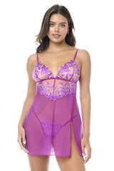 Purple floral lace chemise with sheer mesh panels and side slit from mapale 7614 babydoll with matching panty azalea