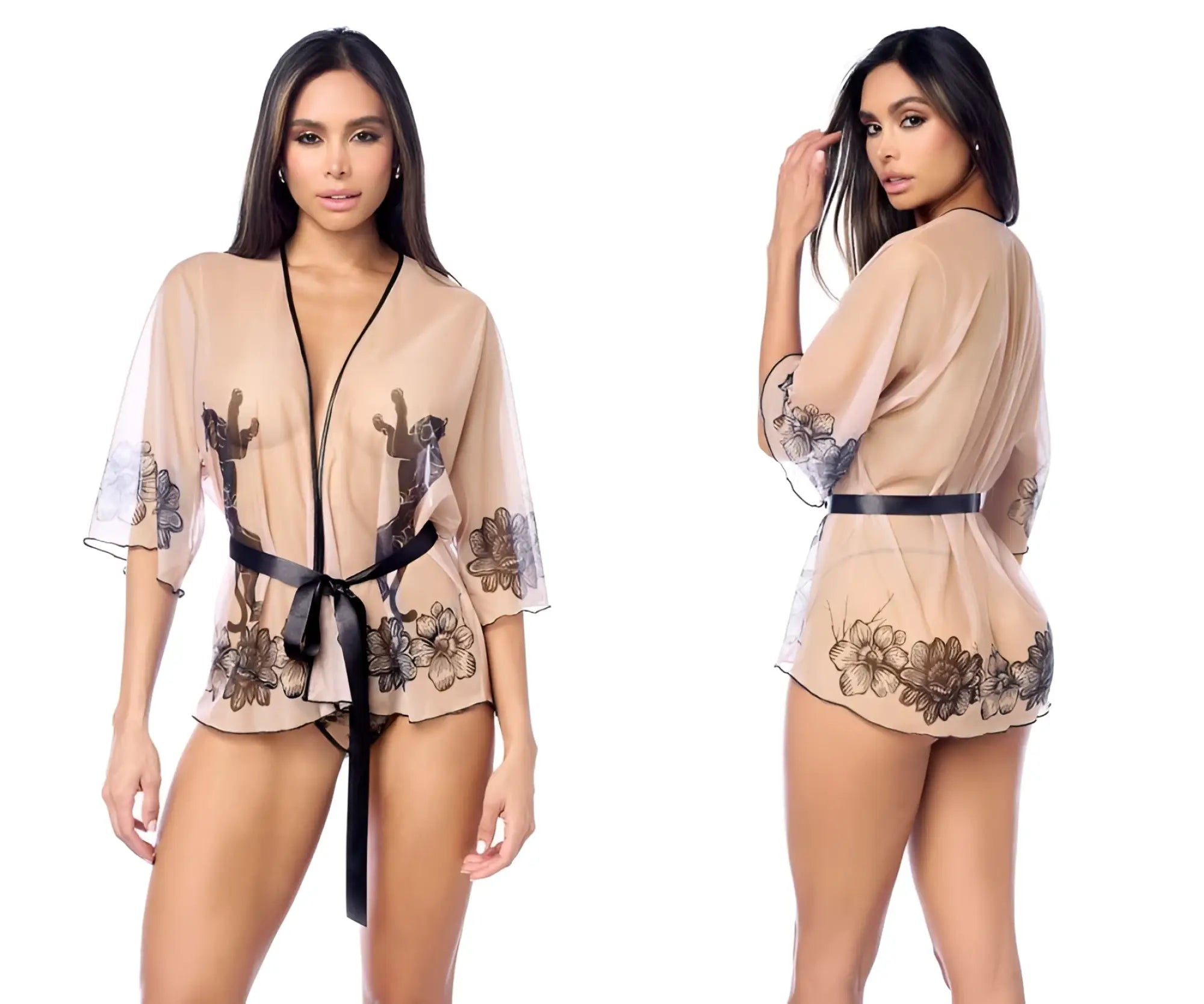 Nude black sheer beige robe with black cactus and floral embroidery tied at the waist with matching belt from mapale 7615