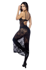 Back view of mapale 7616 long black lace bodycon gown with sheer floral pattern and cutout with matching panty garter belt