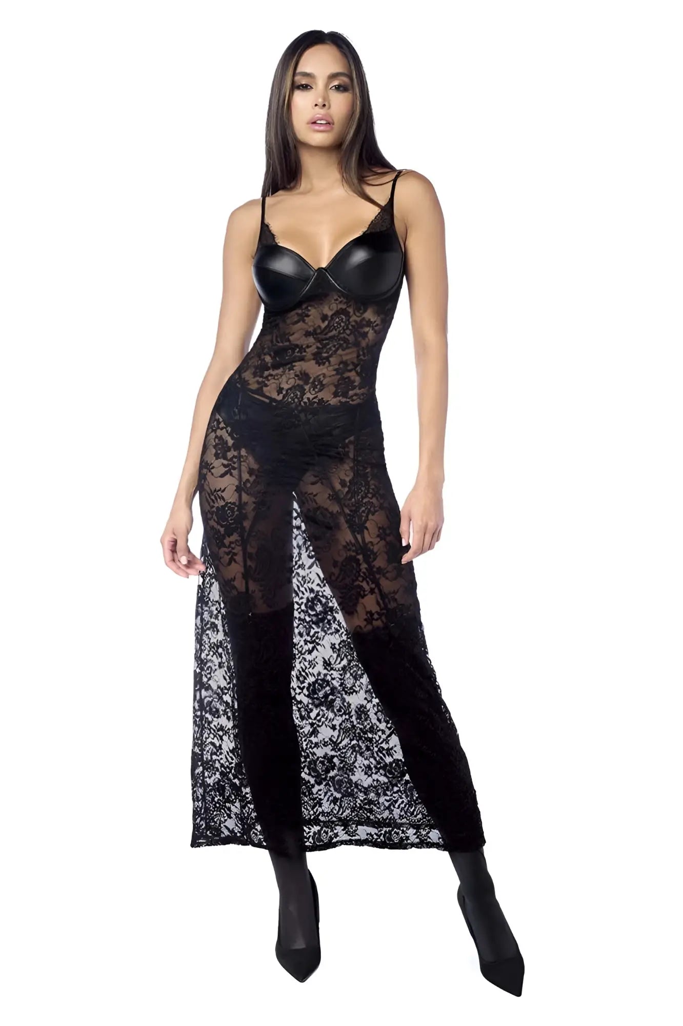 Black lace bodysuit with structured bra top and sheer floral overlay mapale 7616 long gown with matching garter belt