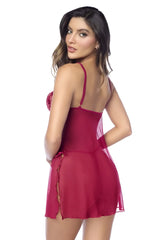 Mapale 7620 babydoll sheer deep red lingerie dress with thin straps side slit and matching panty in red