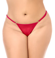 Vibrant red satin thong with thin adjustable straps and gold-toned rings from mapale 7620x babydoll set