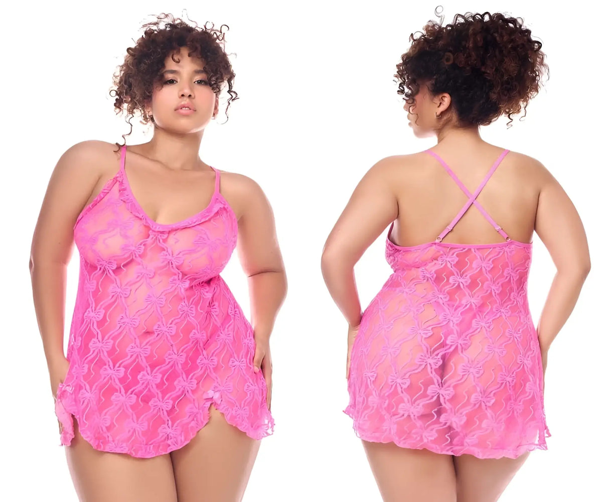 Pink lace nightgown with bow pattern and thin spaghetti straps from mapale 7623x babydoll set with matching panty