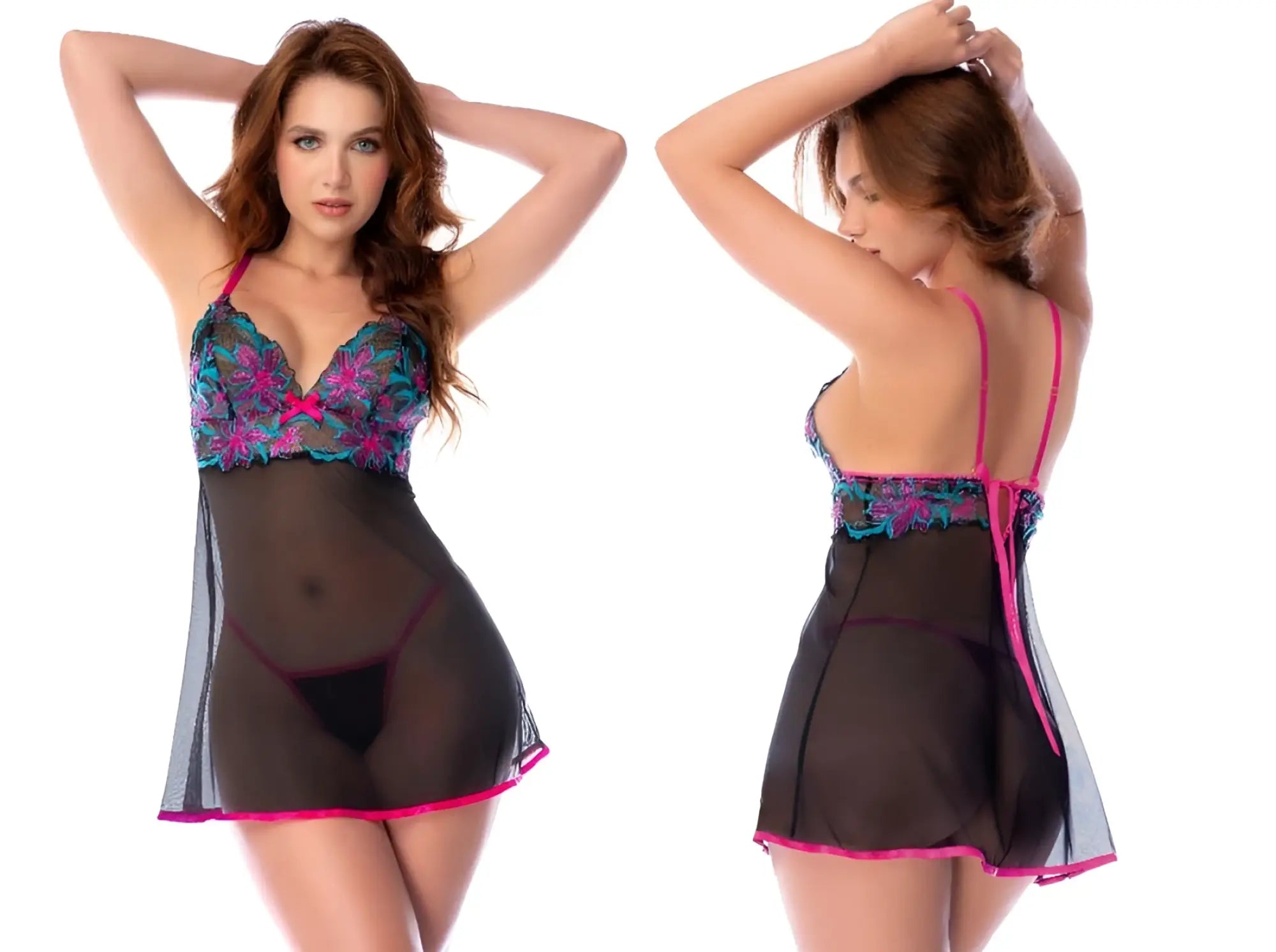 A sheer black nightgown with vibrant pink trim and teal magenta floral lace bodice mapale 7629 midnight garden