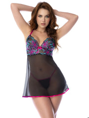 Mapale 7629 babydoll and matching panty in sheer black with vibrant pink and teal floral embroidery and pink trim hem