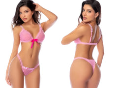 Pink lace lingerie set by Mapale with a matching bow at the center front of the bra in pink romance color
