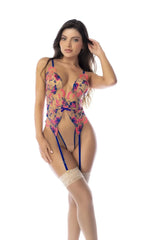 Mapale 80011 bodysuit in hyacinth reverie sheer fabric with pink and blue floral embroidery and adjustable straps