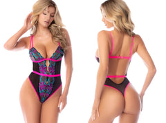 Mapale 80013 bodysuit midnight garden black and vibrant pink lace with floral embroidery detailing