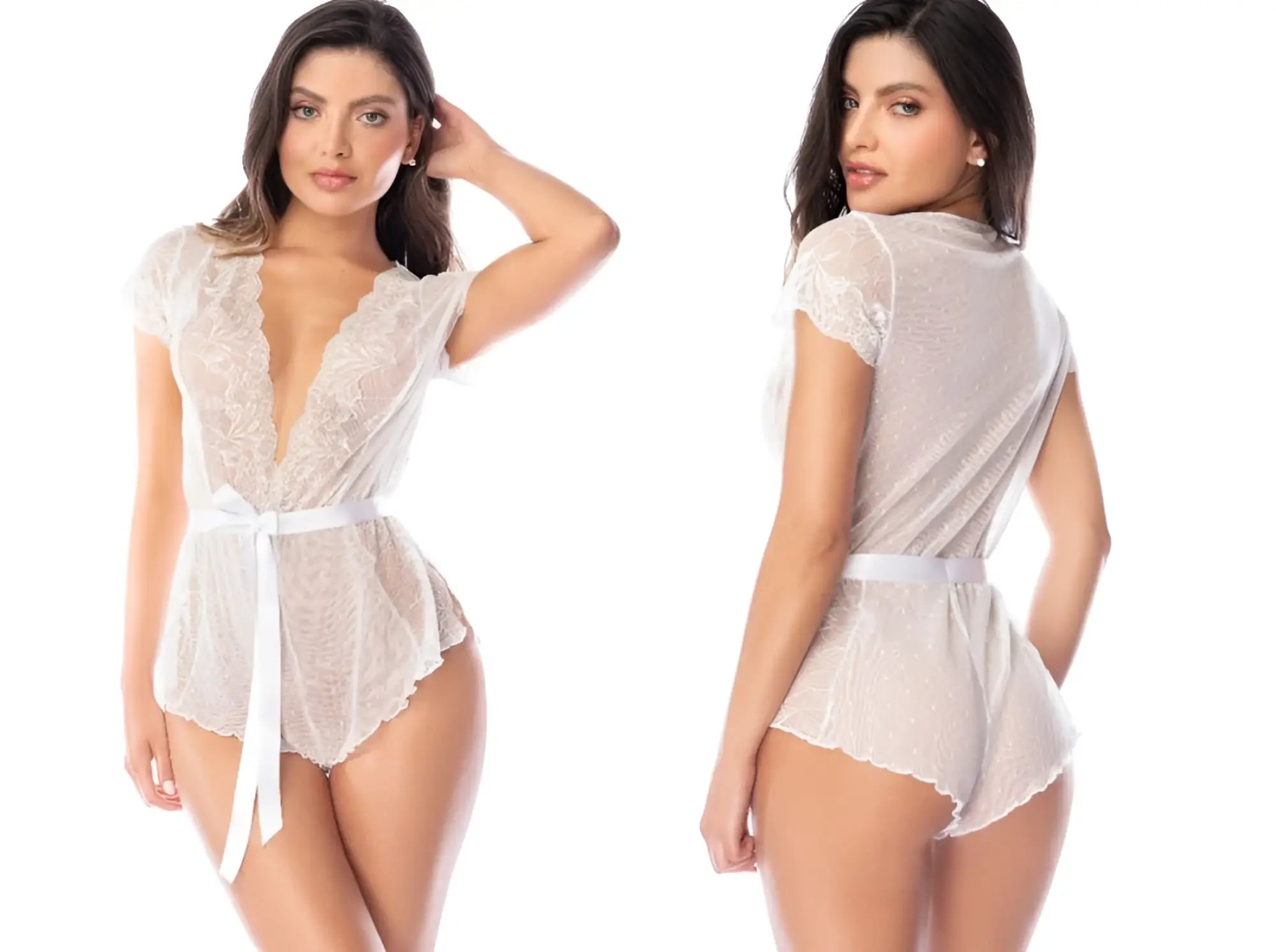 White lace bodysuit romper with short sleeves and tied waist belt by mapale in white color