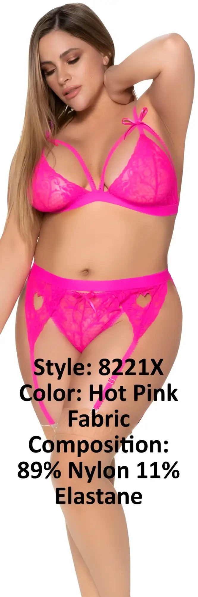 Hot pink lace lingerie garter set by mapale with heart shaped cutouts and sheer delicate design