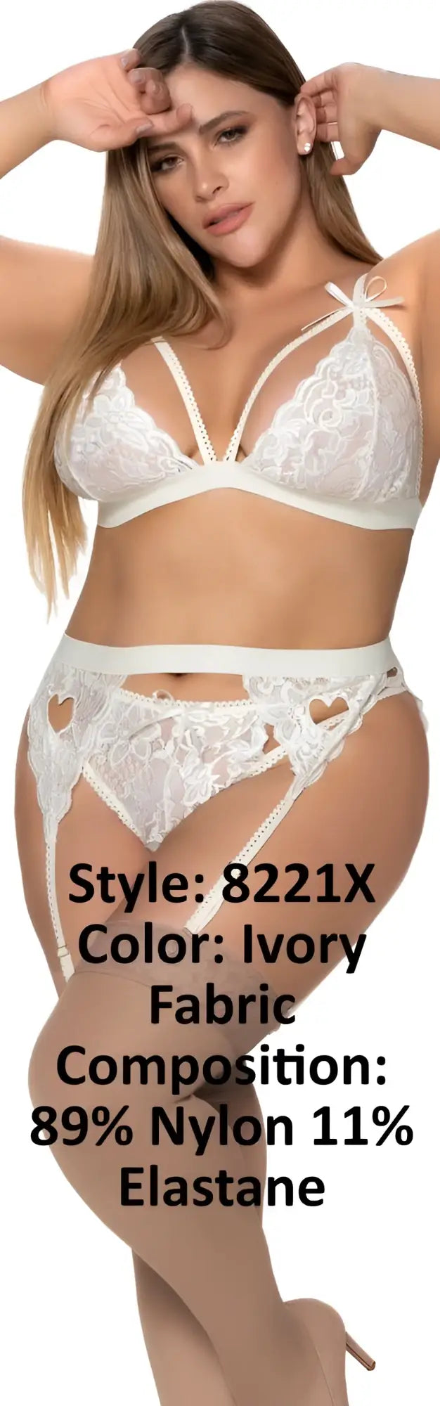 Ivory lace Mapale 8221X three piece garter set with heart-shaped cutouts and adjustable strap bra