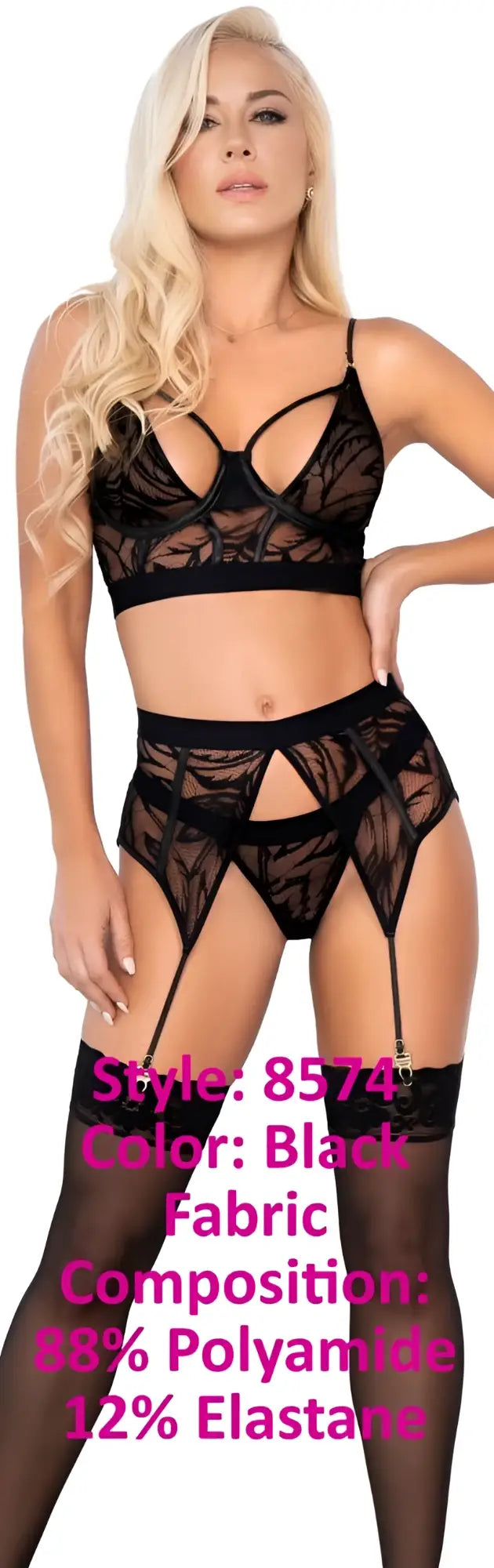 Mapale 8574 three piece set black lace lingerie featuring intricate cutout patterns and sheer stretchy fabric