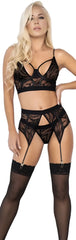 Black lace lingerie set by Mapale with intricate patterns and garter straps in black color
