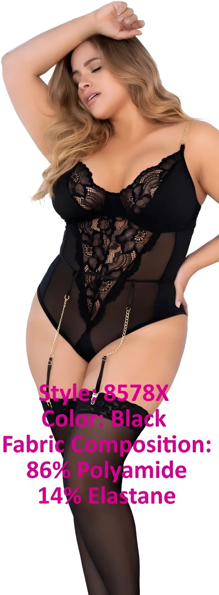 Black lace teddy with sheer mesh panels and gold chain straps in mapale 8578x color black