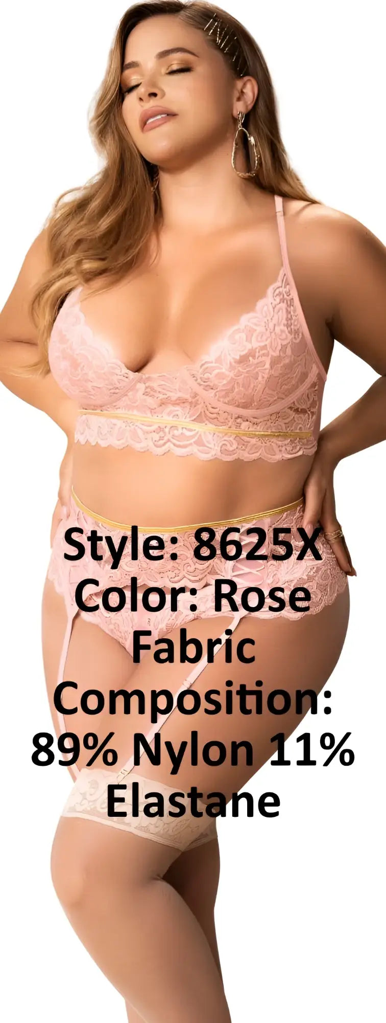 Rose-colored lace lingerie set by Mapale featuring delicate floral patterns and a soft stretchy fabric blend