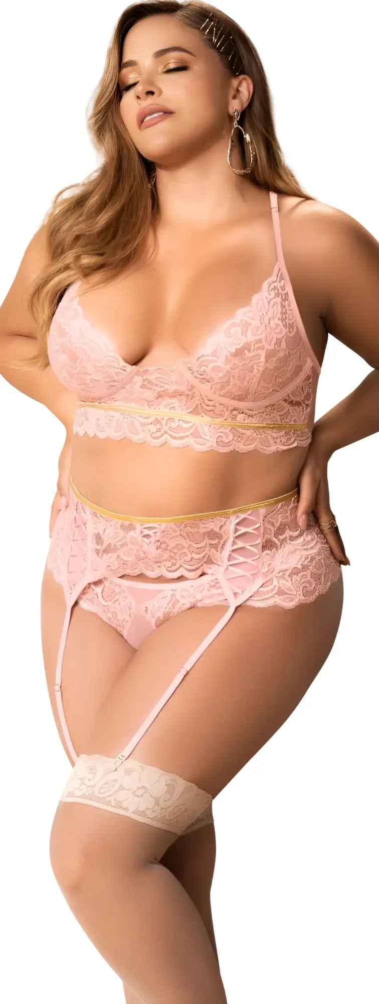 Pink lace lingerie three piece set with gold trim in rose color by mapale style 8625x for intimate wear
