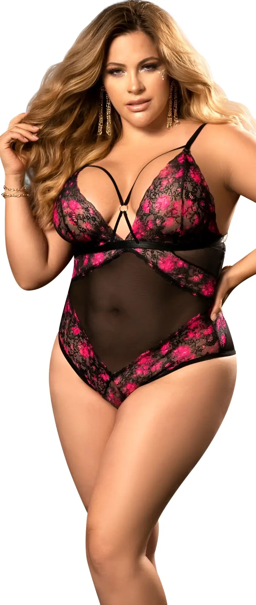 Black and pink floral lace Mapale 8644X teddy with sheer mesh panels in black print for elegant lingerie wear