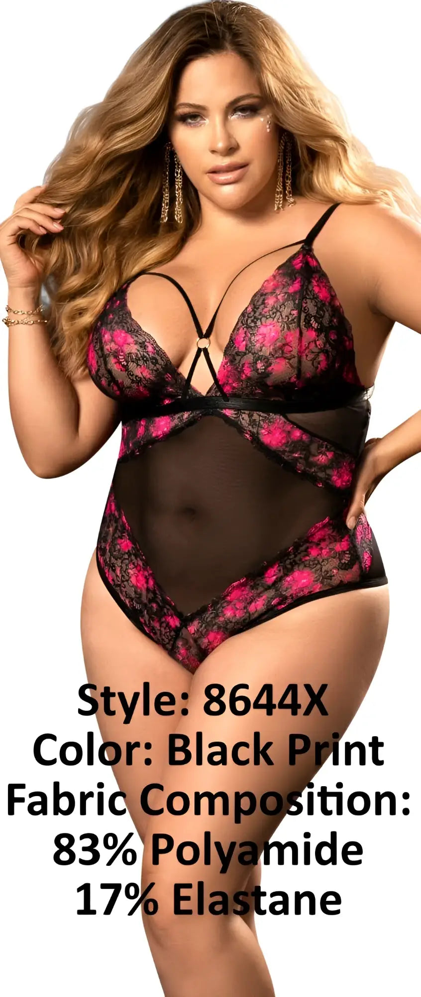 Black and pink floral lace teddy with sheer mesh panels by Mapale 8644X in black print color