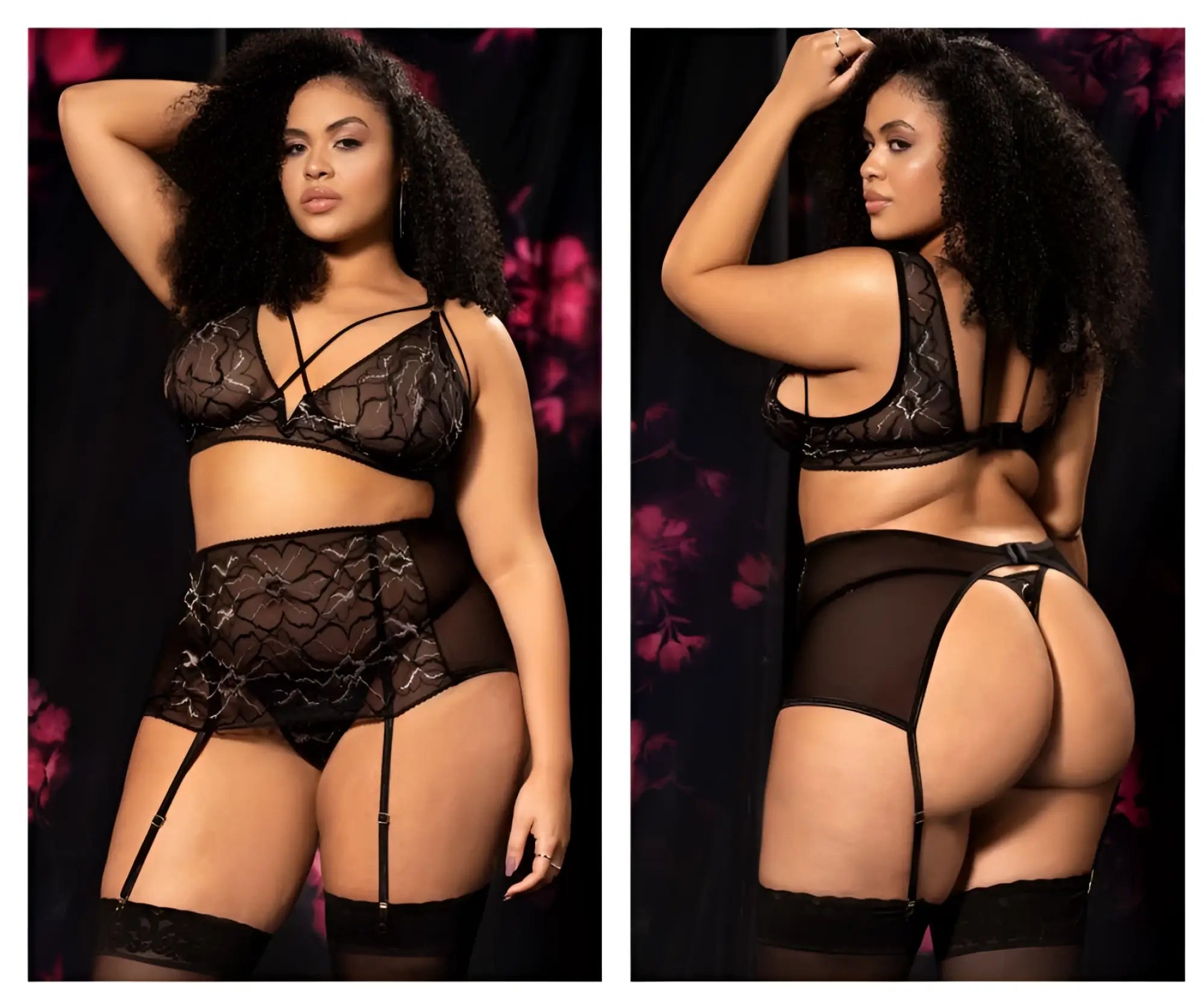 Black lace lingerie three piece set by mapale 8649x with intricate patterns and sheer mesh panels in black