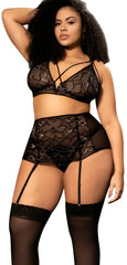 Black lace lingerie set mapale 8649x three piece set with intricate floral patterns and sheer mesh detailing