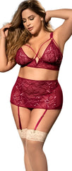 Mapale 8649X three piece set burgundy lace lingerie with cream lace garter belts showing front view