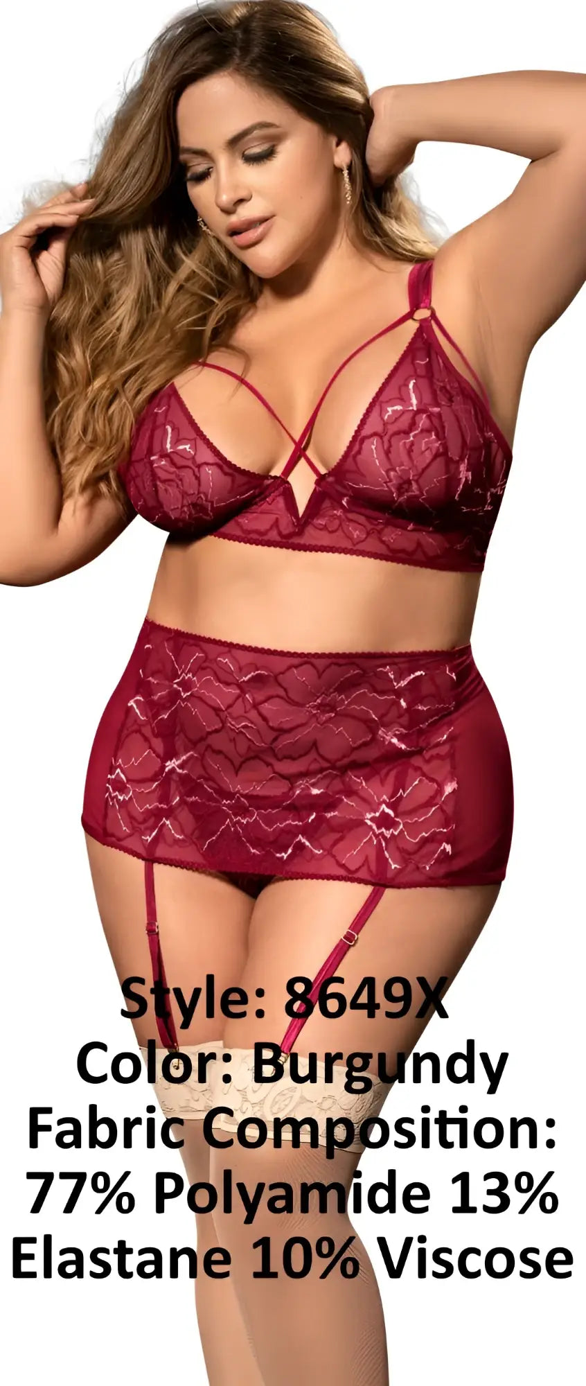 Mapale 8649X burgundy lace lingerie three piece set with intricate floral patterns and high waisted design