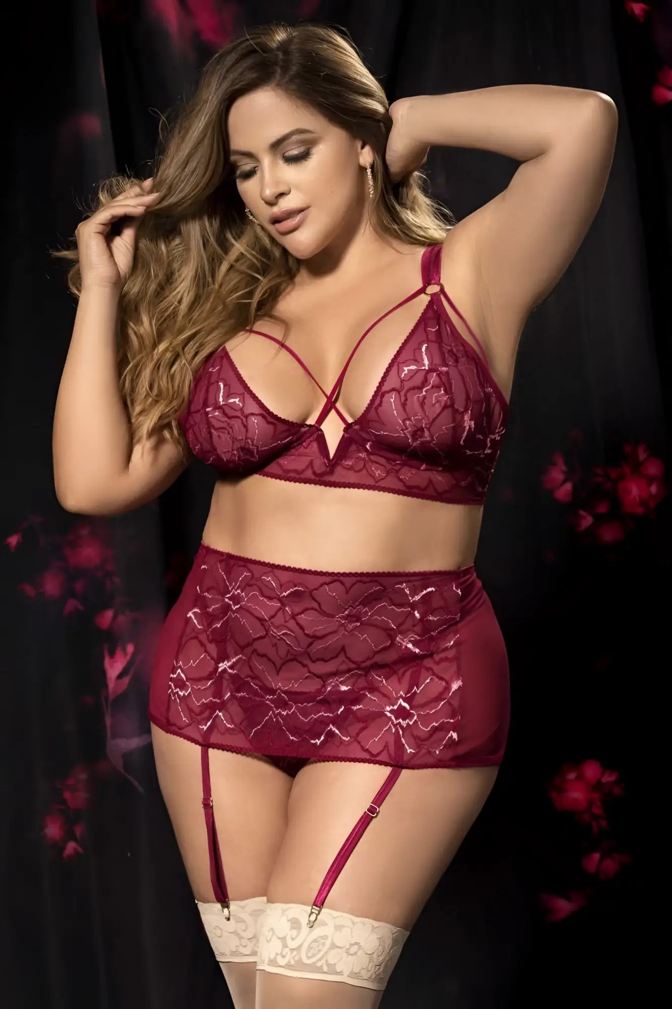Mapale 8649X three piece set burgundy maroon lace lingerie with floral patterns and matching garter and cream thigh highs