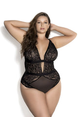 Black lace Mapale 8654X bodysuit with floral patterns and a deep v-neckline in black color