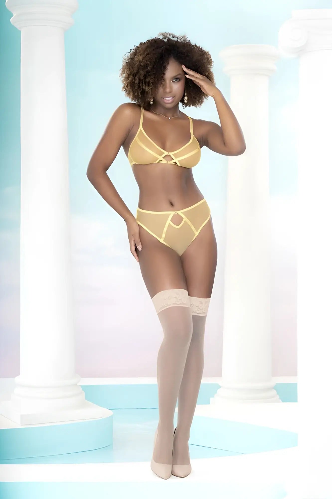 Yellow lace bra and matching thong set in amalfi yellow by mapale featuring delicate lace material and two piece design