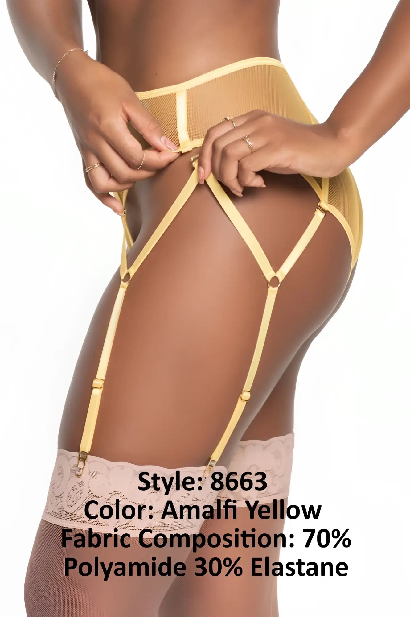 Mapale 8663 two piece set amalfi yellow lace trimmed thigh high garter belt with mesh and elastic straps