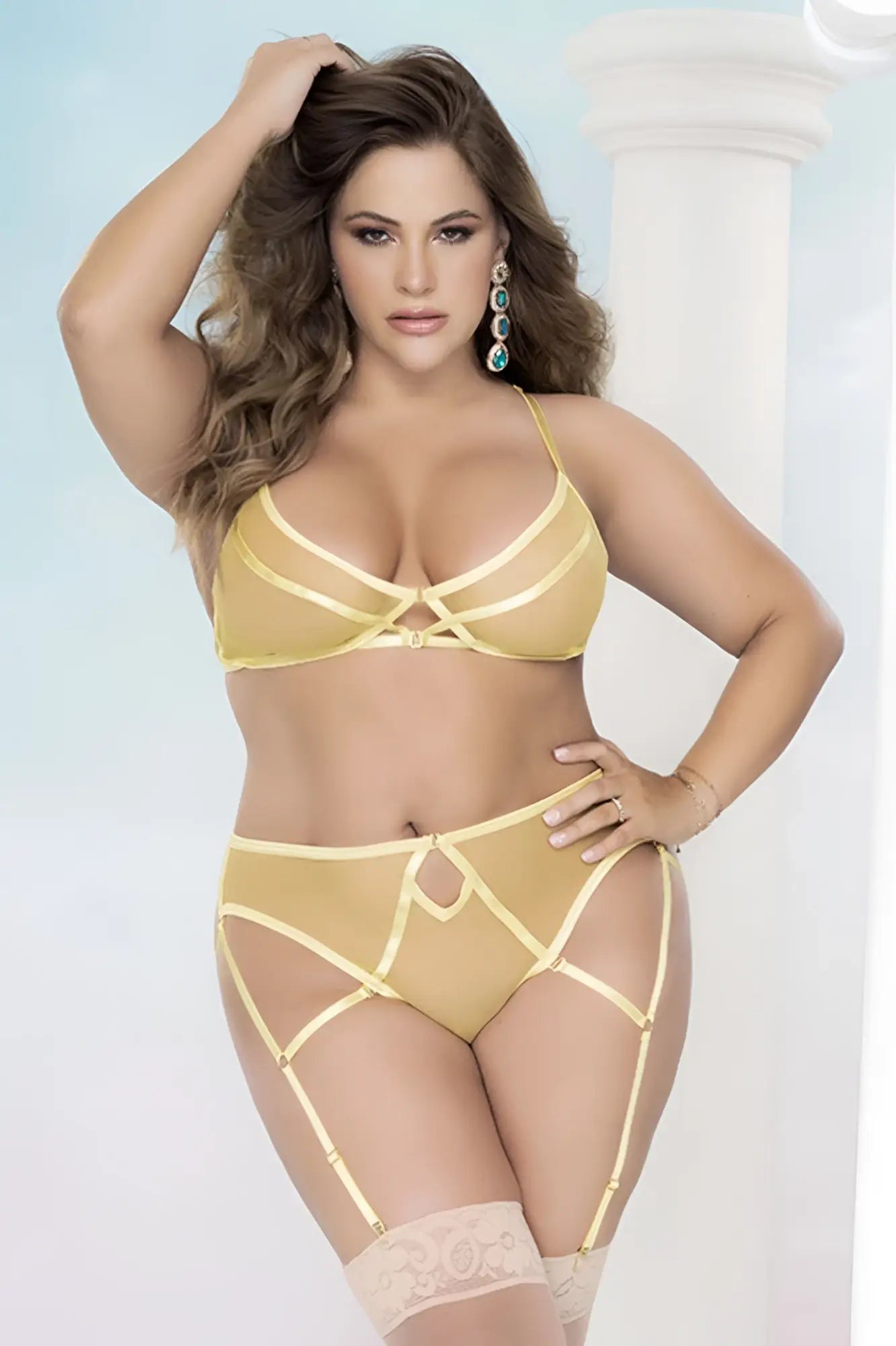 Mapale 8663X two piece set in amalfi yellow gold sheer mesh lingerie with intricate crisscross straps and lace trim