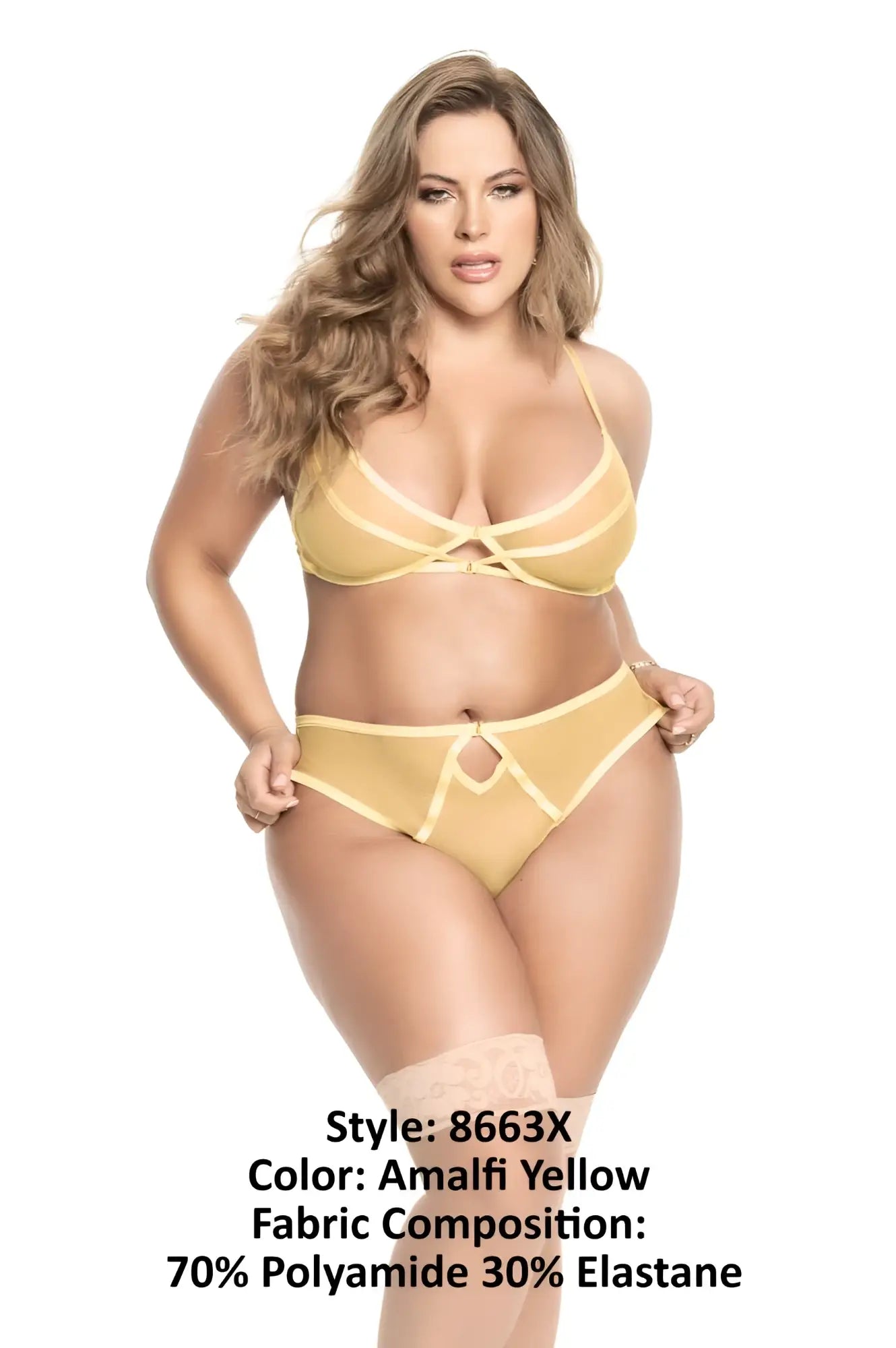 Mapale 8663x two piece set in amalfi yellow featuring sheer strappy bra with crisscross and high waisted briefs with keyhole cutout