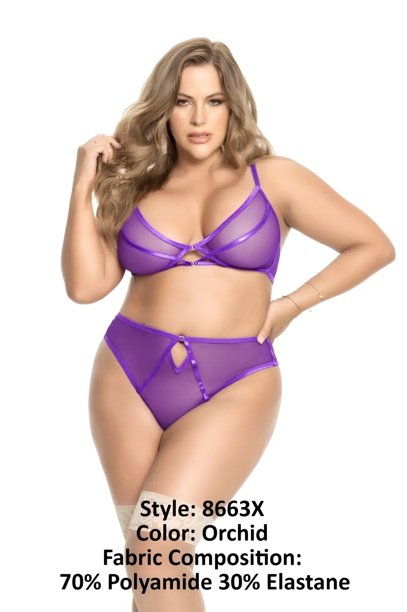 Orchid-colored sheer mesh mapale 8663x two piece lingerie set with thin straps and front keyhole details