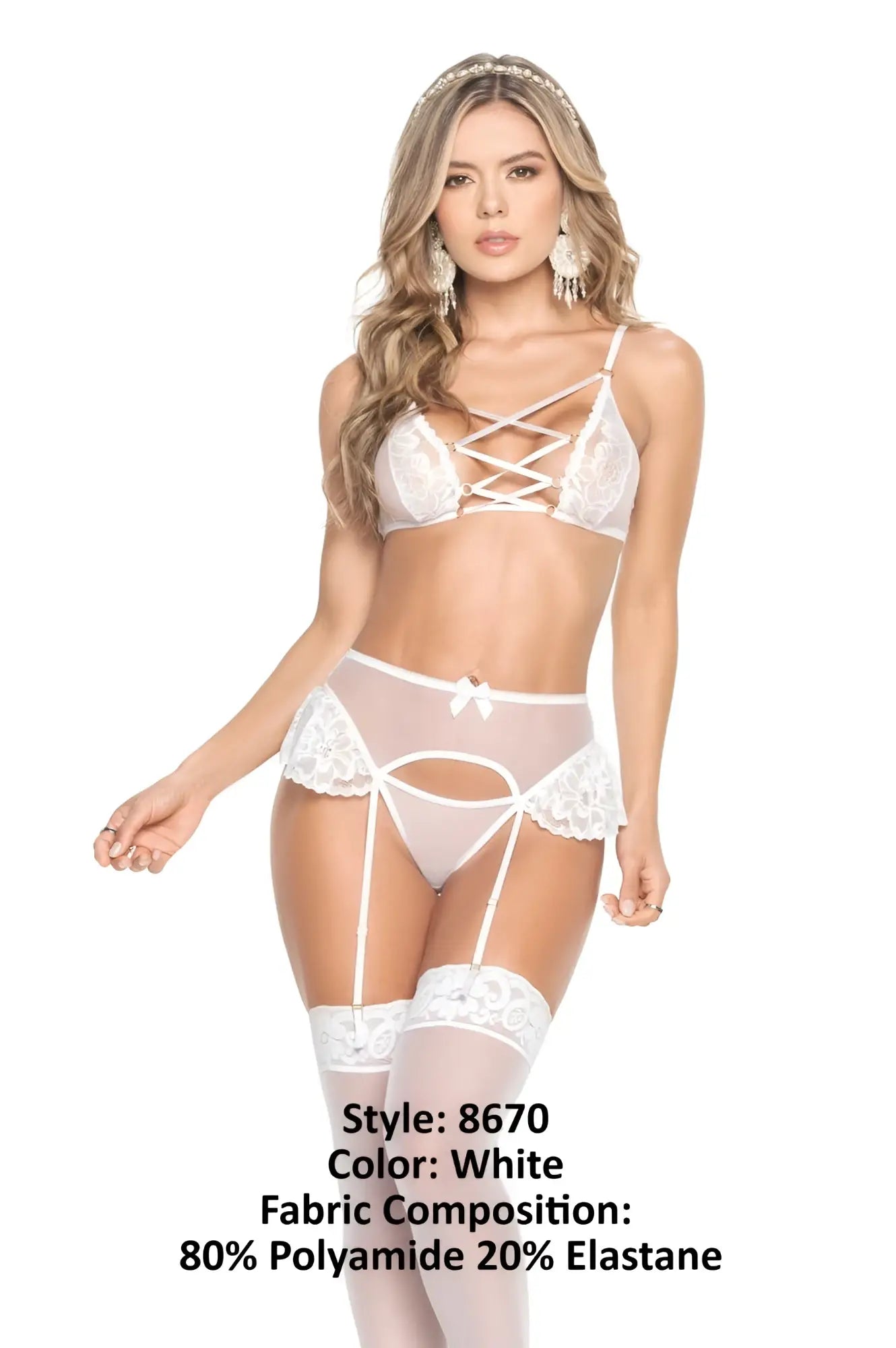 White lace lingerie two piece set by mapale with delicate crisscross straps and sheer mesh panels in white color
