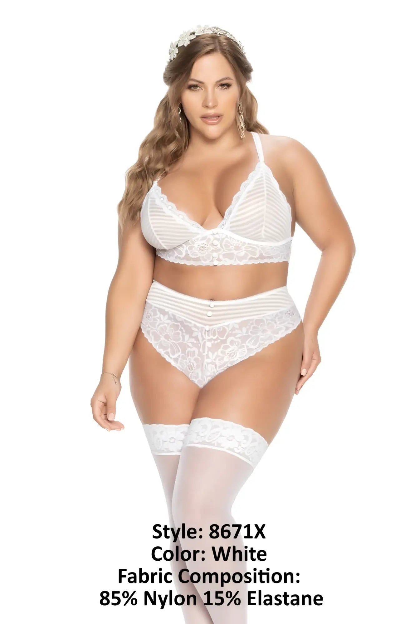 White lace lingerie set Mapale 8671X with floral bra and high-waisted panties made of nylon and elastane