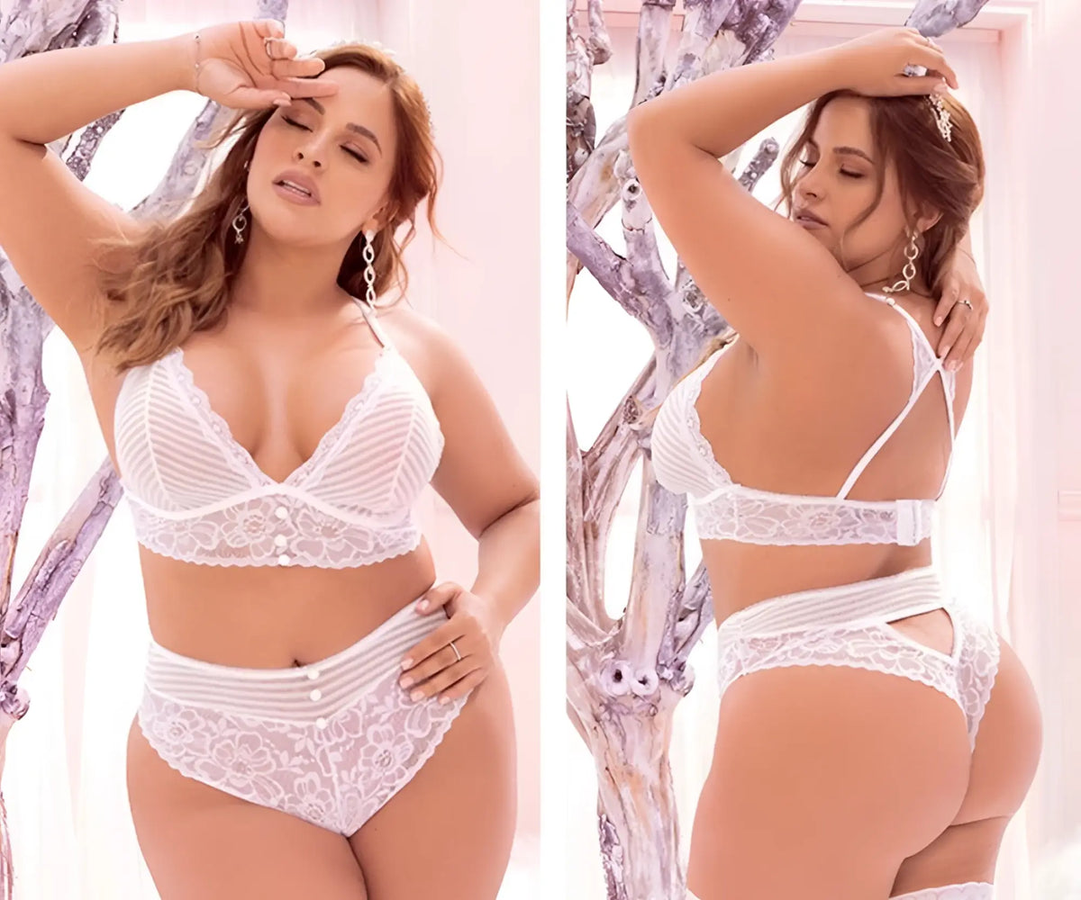 White lace lingerie two piece set by mapale with sheer mesh panels and delicate floral detailing in white color