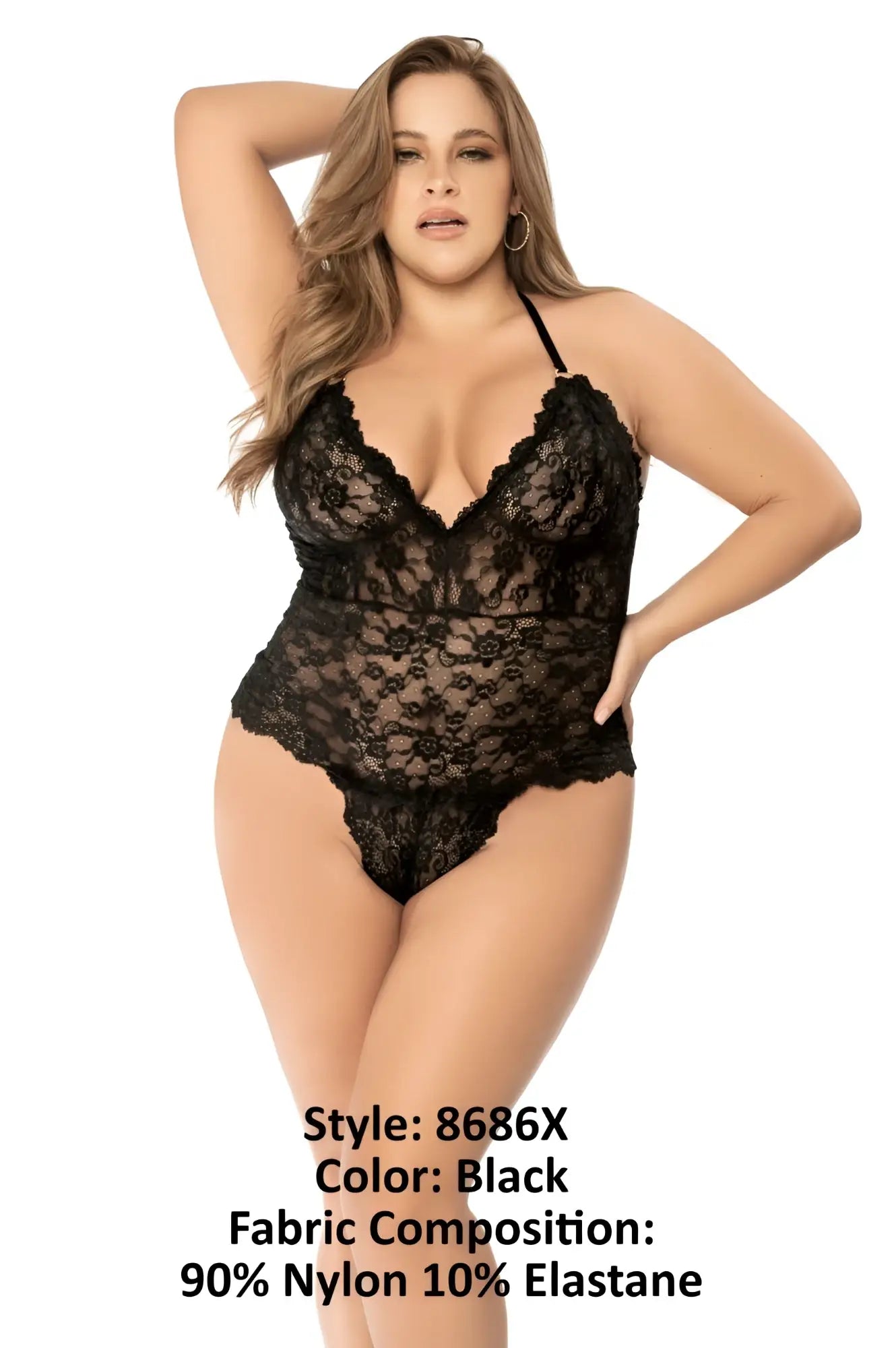 Black lace Mapale 8686X bodysuit with delicate floral patterns and thin spaghetti straps in black