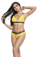 Bright yellow lace bra and matching panties set with black elastic bands featuring spank me text by mapale 8696