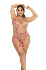 Mapale 8717x teddy sheer transparent bodysuit with vibrant pink and orange mesh straps in nude neon color