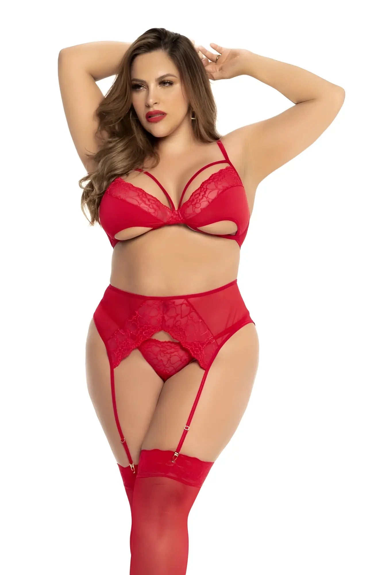 Red lace lingerie three piece set with garter belt and thigh-high stockings from Mapale 8726X in color red