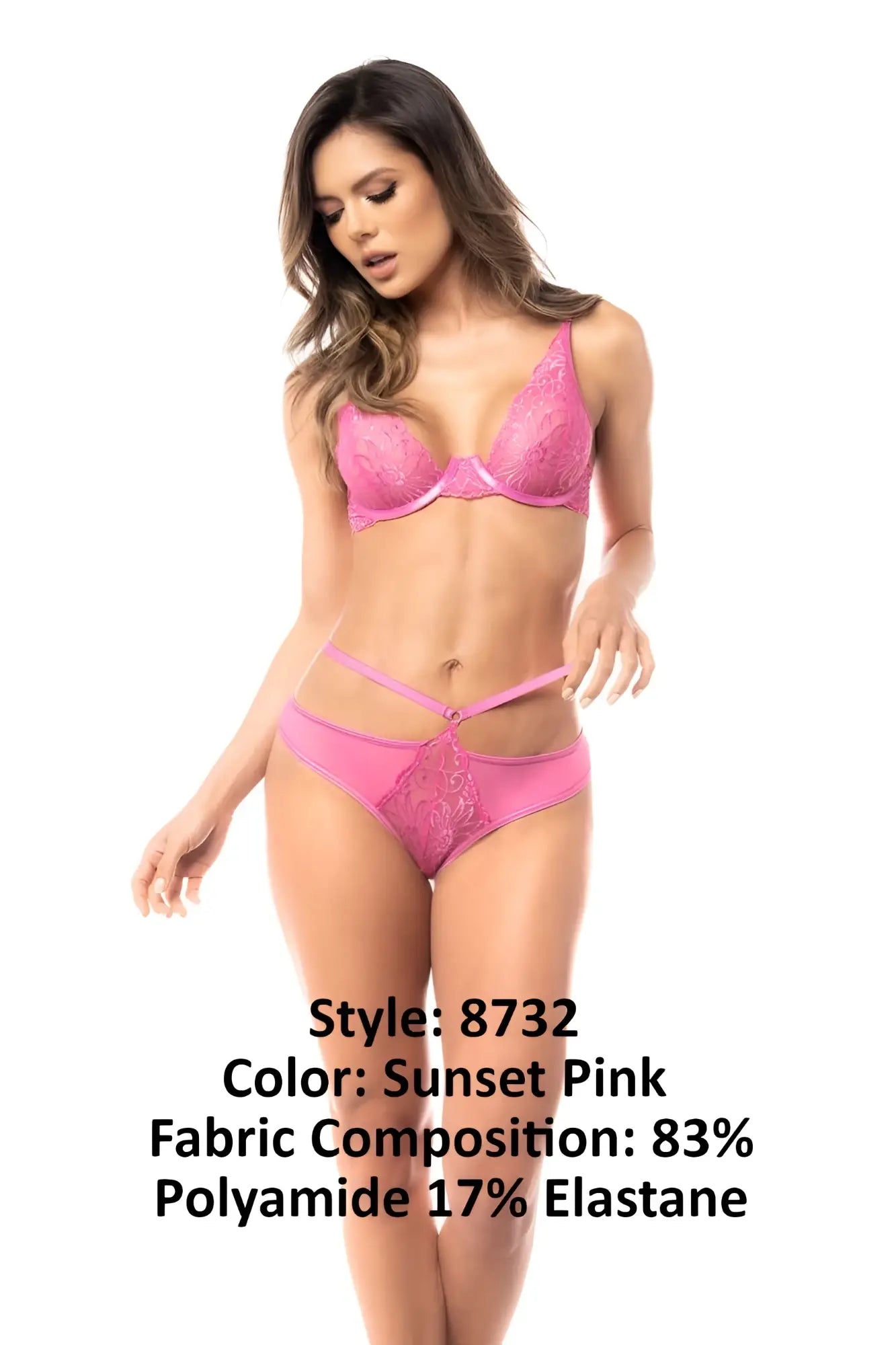 Mapale 8732 two piece set featuring pink lace lingerie with intricate floral embroidery bra and matching thong