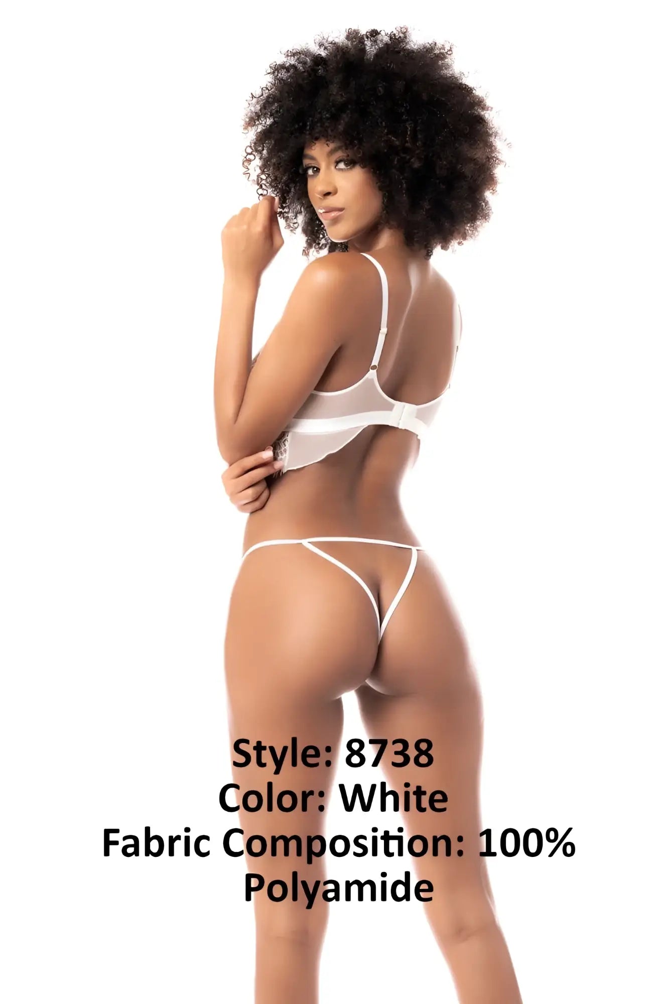White sheer polyamide Mapale 8738 three piece lingerie set with thin straps and string detail at the back view