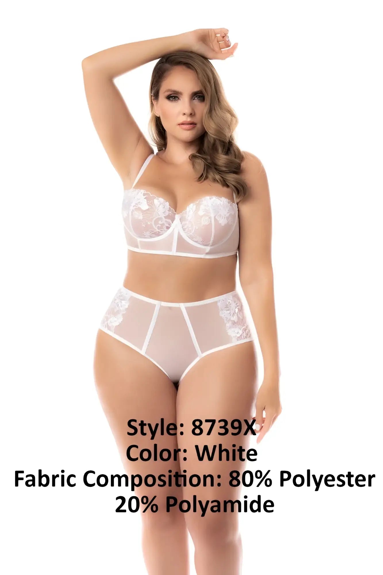 White lace lingerie two piece set by mapale 8739x with delicate floral embroidery and sheer mesh panels