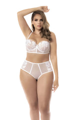 White lace lingerie two piece set with sheer mesh panels and floral embroidery by mapale 8739x in white