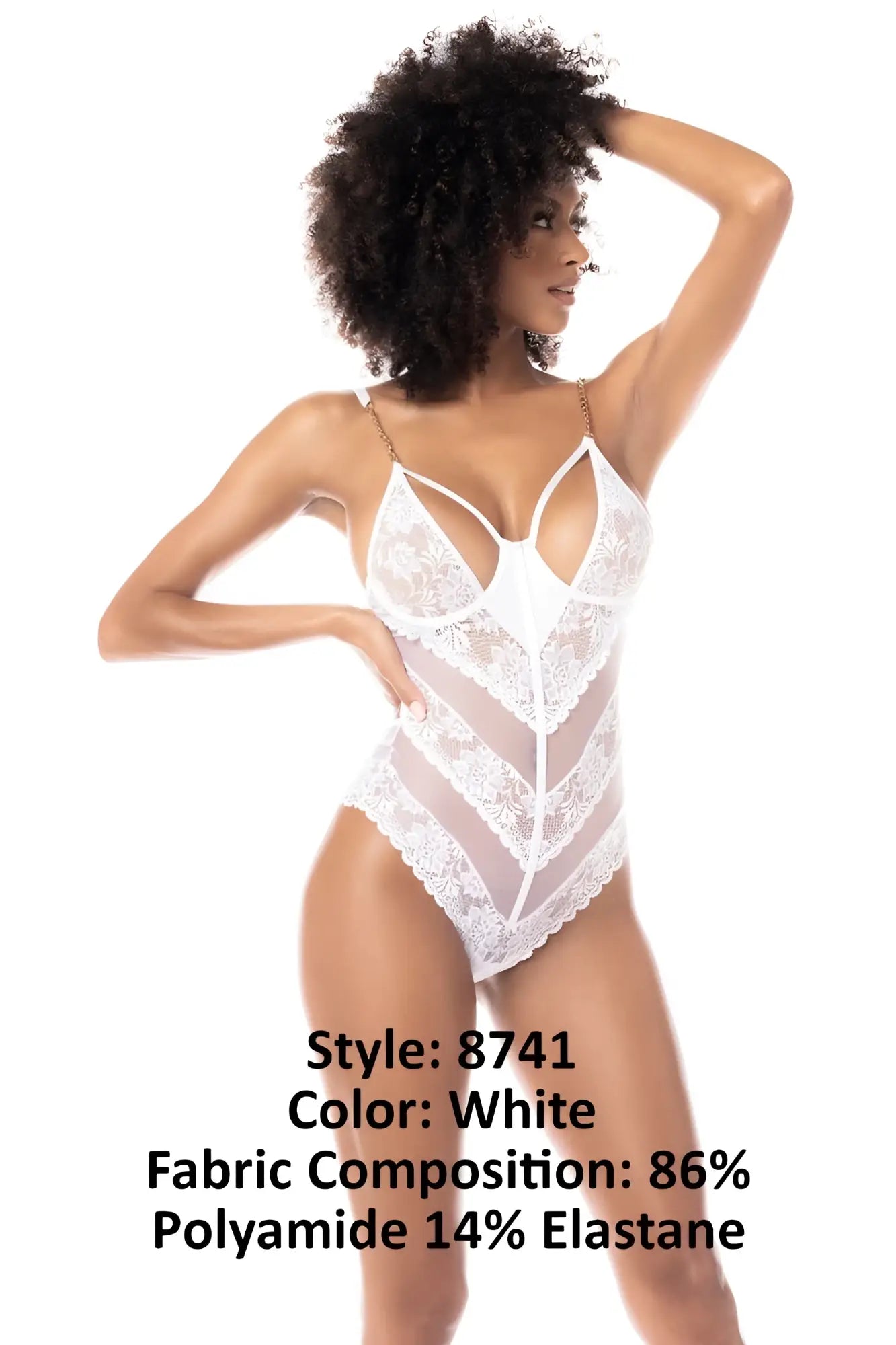 White lace bodysuit with sheer mesh panels and delicate chain straps mapale 8741 teddy in white
