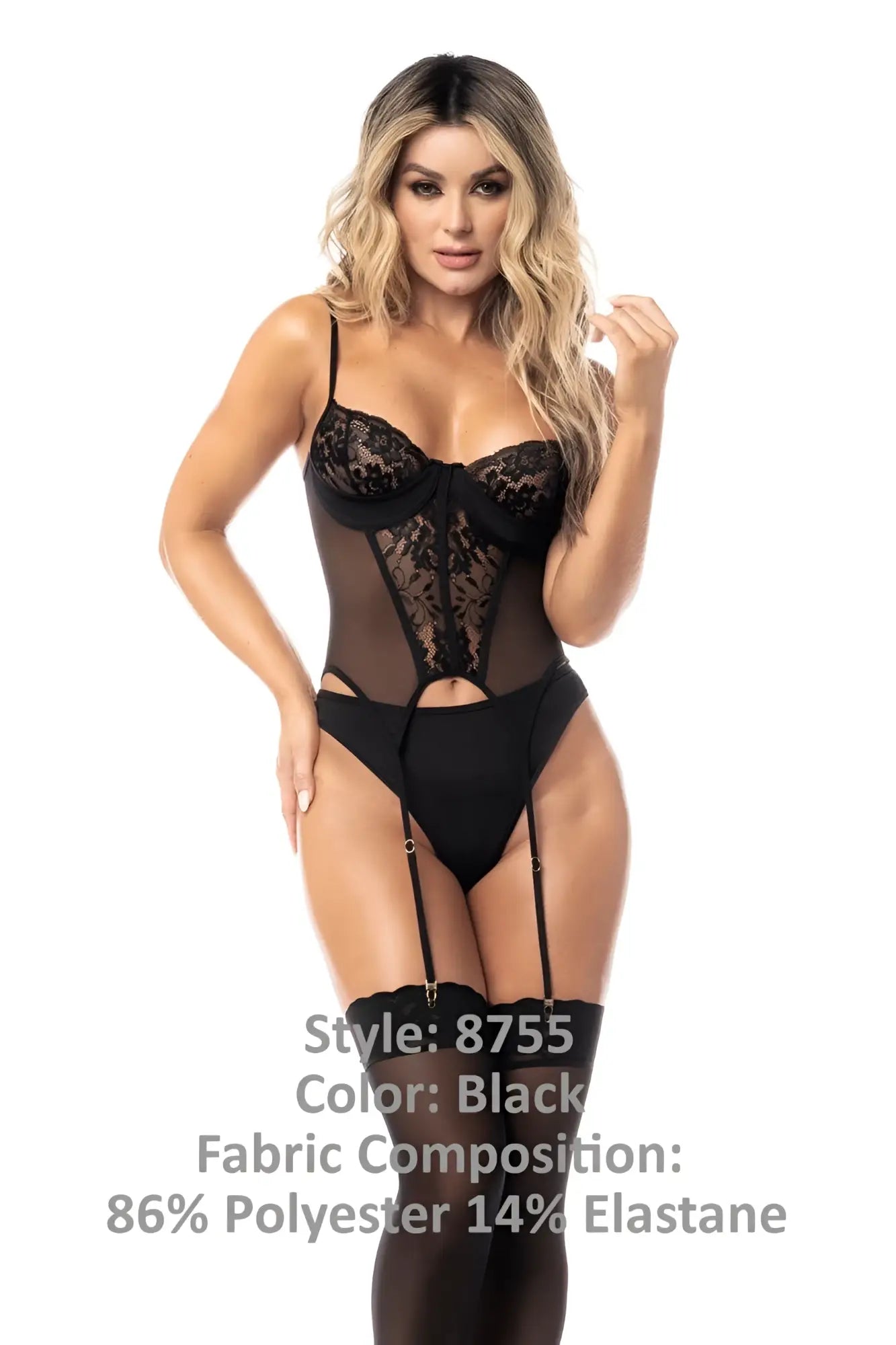 Black lace bodysuit with sheer mesh panels and suspenders in the Mapale 8755 two piece set black color