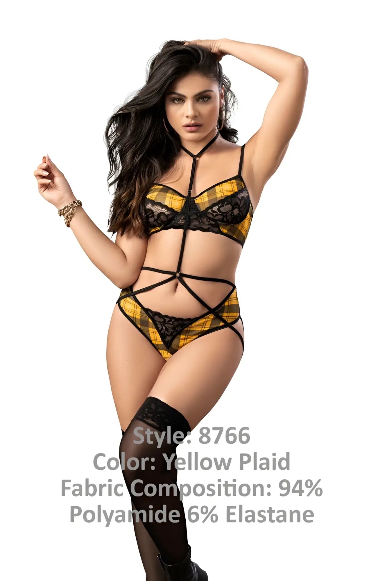 Yellow plaid lace lingerie set with black trim and crisscross straps by mapale style 8766 two piece set