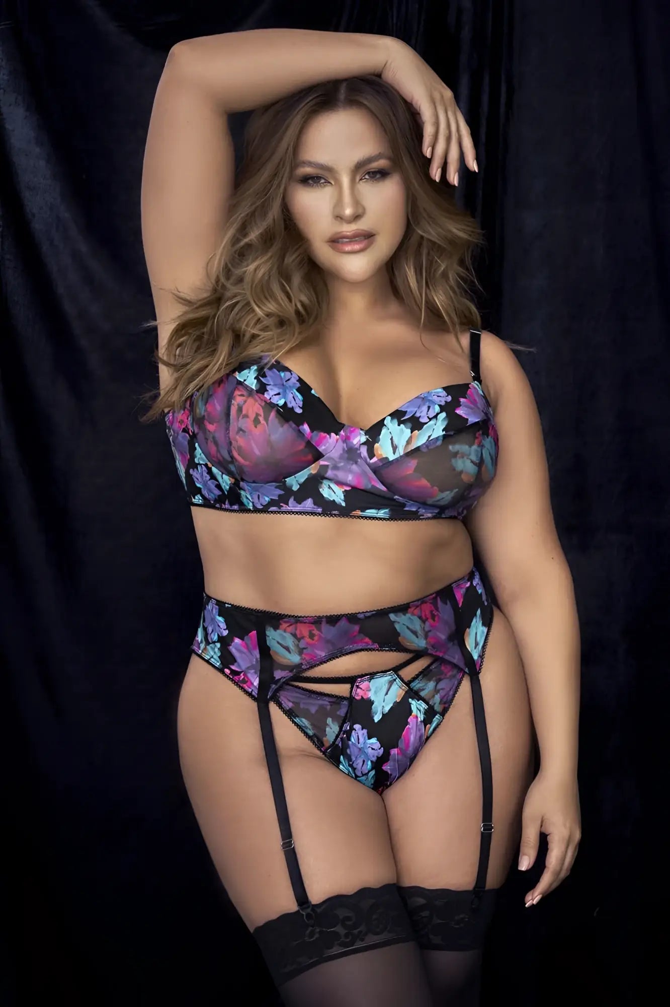 Mapale 8770x black floral three piece lingerie set with sheer mesh and lace trim for a romantic look